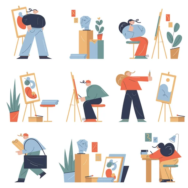 Set mensen die werken schilderen, tekenen en maken in een atelier — Stockvector