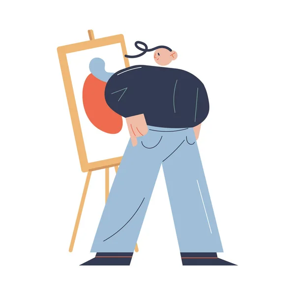 Homme debout en face du chevalet avec des œuvres d'art pendant les cours de peinture dans un atelier d'art — Image vectorielle