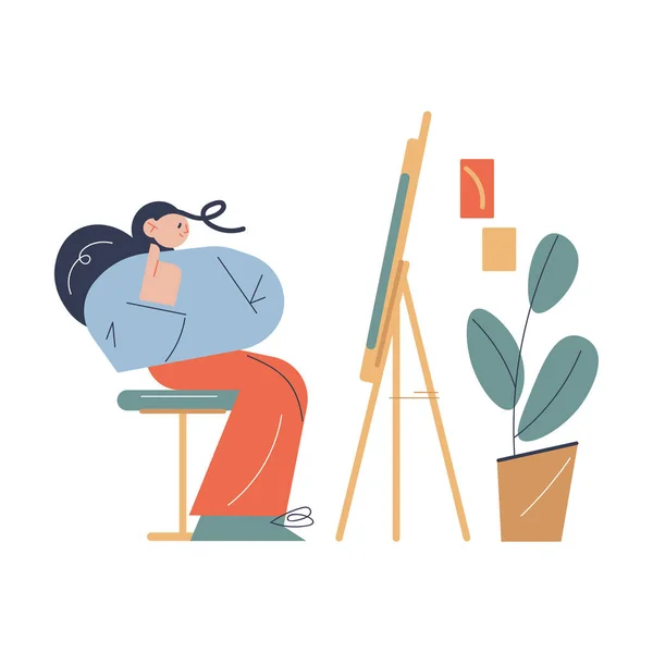 Woman sitting opposite easel with artwork and thinking about details in art studio — Stock Vector