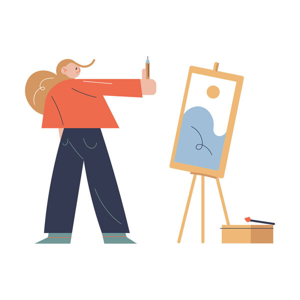 Женщина, стоящая напротив мольберта и рисующая пейзаж с пансионом в художественной студии