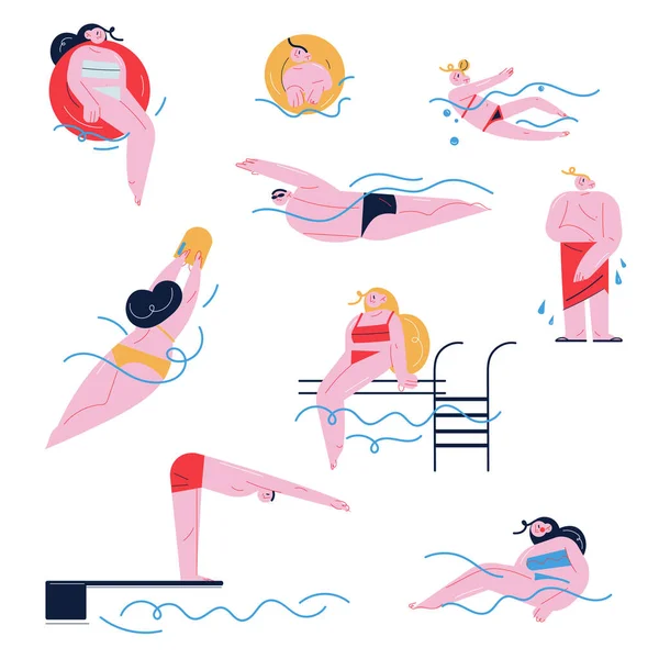 Conjunto de personas nadando, buceando y divirtiéndose en el agua en la piscina — Vector de stock