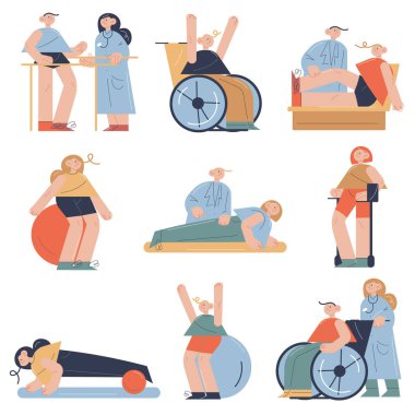 Tıp merkezlerinde sağlık rehabilitasyon programı alan bir grup insan.