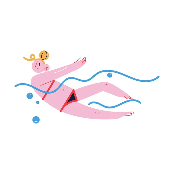 Senyum gadis dengan baju renang berenang di permukaan air di kolam renang - Stok Vektor