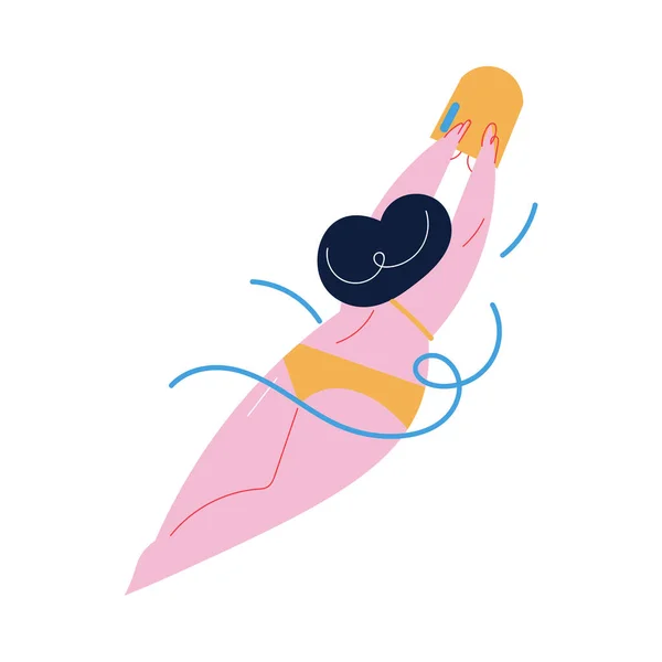 Mujer nadando en la superficie del agua con tablero inflable especial en la piscina — Vector de stock