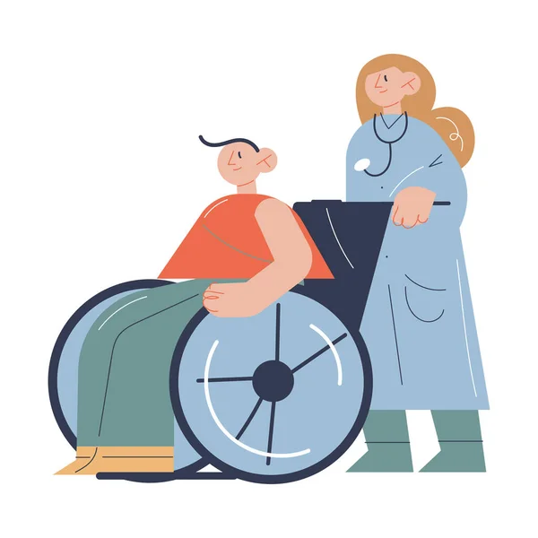 stock vector Young doctor rolling man patient in wheelchair during rehabilitation program