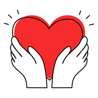 Kan bağışı sembolü olarak kırmızı kalp insan ellerinde.