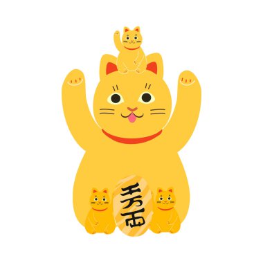 Japon sarı geleneksel maneki neko kedisi ve kedi yavrusu heykeli