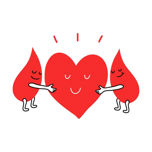 Glada bloddroppar kramar hjärtat för donation som symbol för livet — Stock vektor