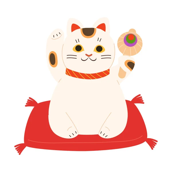 Japansk traditionell vit leende maneki neko katt med upphöjda tassar — Stock vektor