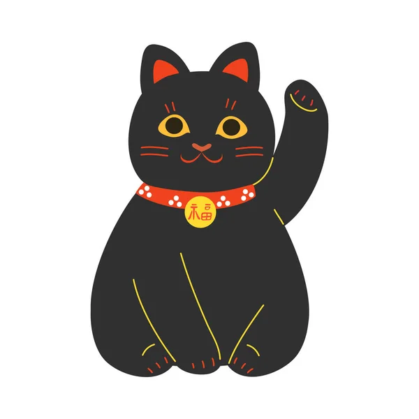 Japoński tradycyjny czarny maneki neko kot w czerwony kołnierz z podniesioną łapą — Wektor stockowy