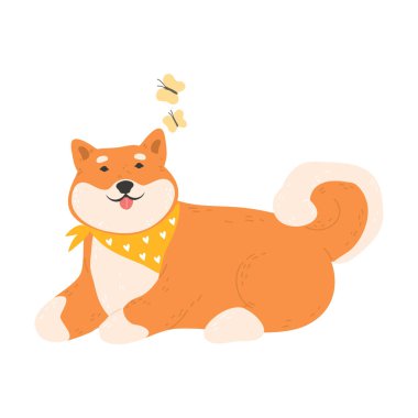 Bandanalı neşeli Japon akita köpeği yalan söylüyor ve kelebeklere bakıyor