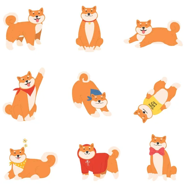 Набор смешных красных веселых японских собак akita наслаждаясь жизнью — стоковый вектор