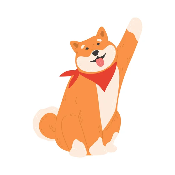 Glada japanska akita hund i röd bandana sitter och ger tass — Stock vektor