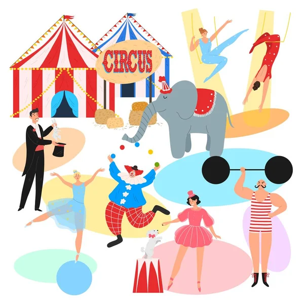 Ensemble de personnes artistes faisant spectacle programme de divertissement dans le cirque — Image vectorielle