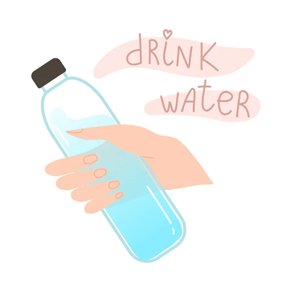 Lidská ruka drží láhev s nehybnou vodou a nápis pitnou vodou — Stockový vektor