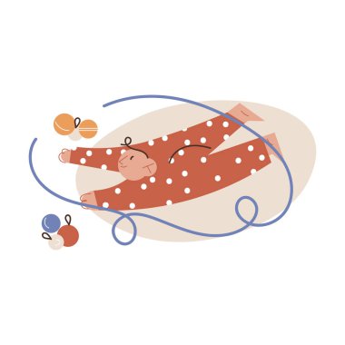 Küçük bir çocuk yerde yatıp Noel ağacı süslemek için dekoratif toplarla oynuyor.