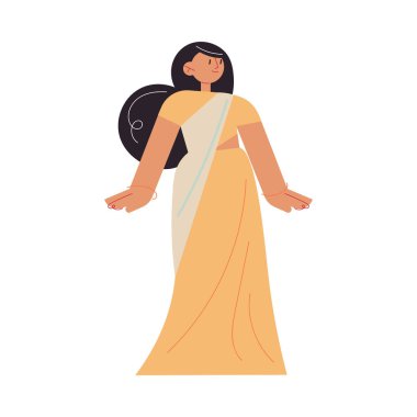 Geleneksel bej sari elbise giyen Hintli kadın.