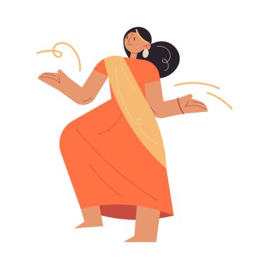 Turuncu parlak, geleneksel sari elbise giyen Hintli kadın.