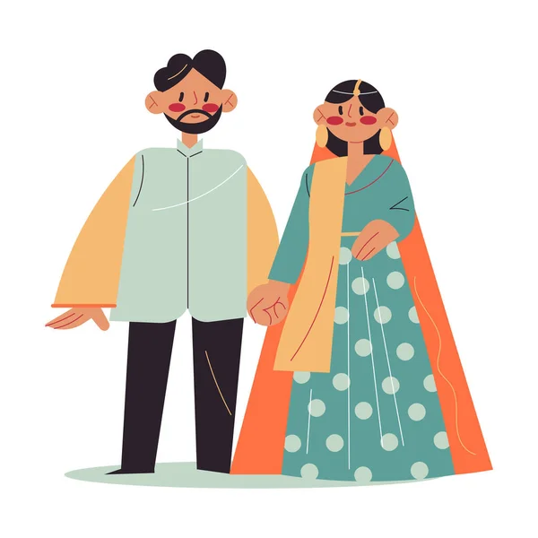 Coppia indiana donna e uomo in piedi e tenendosi per mano durante la cerimonia nuziale — Vettoriale Stock