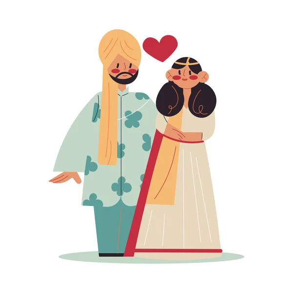 Ευτυχισμένος νεαρός Ινδός γυναίκα ζευγάρι και ο άνθρωπος ijn παραδοσιακές στολές κατά τη διάρκεια της τελετής του γάμου — Διανυσματικό Αρχείο
