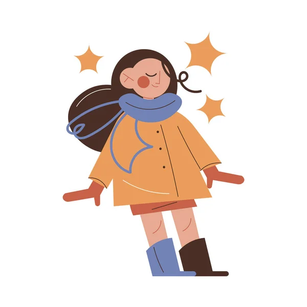 Gadis mengenakan jaket hangat, sarung tangan dan sepatu bot untuk berjalan-jalan dan bermain di luar ruangan - Stok Vektor