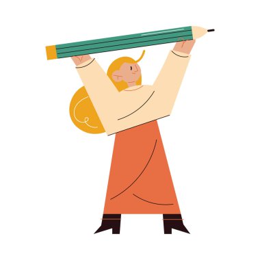 Gülümseyen kadın yazar ayakta ve kalemi havada tutuyor.