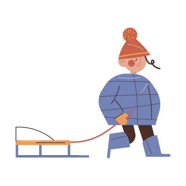 Девочка в теплой куртке, сапогах и кепке с санками во время прогулки — стоковый вектор