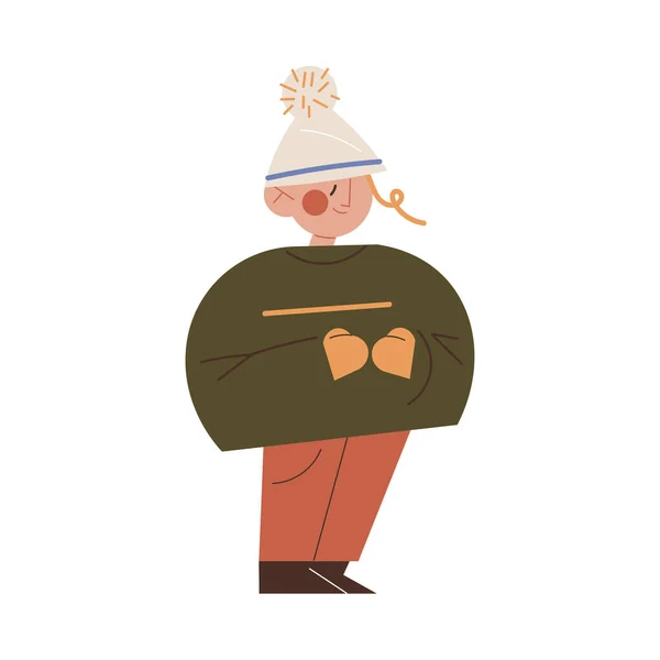 Chlapec dítě nosit teplou bundu a čepici stojící pocit vzrušení při chůzi — Stockový vektor
