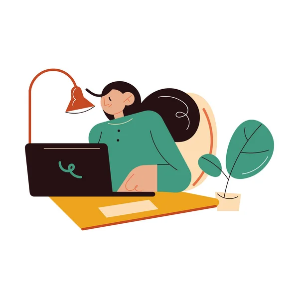 Mosolygó nő író író ül, dolgozik laptop írás könyv vagy történetek szöveg — Stock Vector