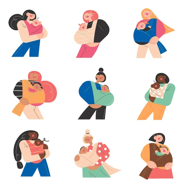 Femmes heureuses portant des bébés enfants en coton spécial élingues — Image vectorielle