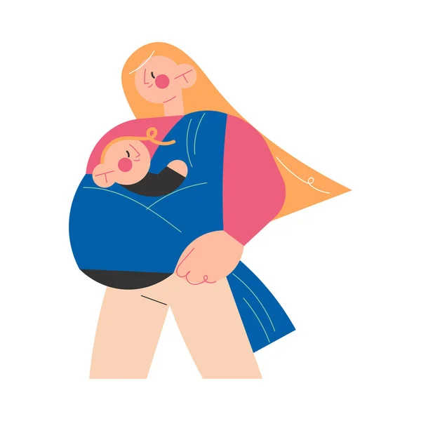 Young happy blonde woman mother carrying her small baby toddler in blue sling — Stock Vector