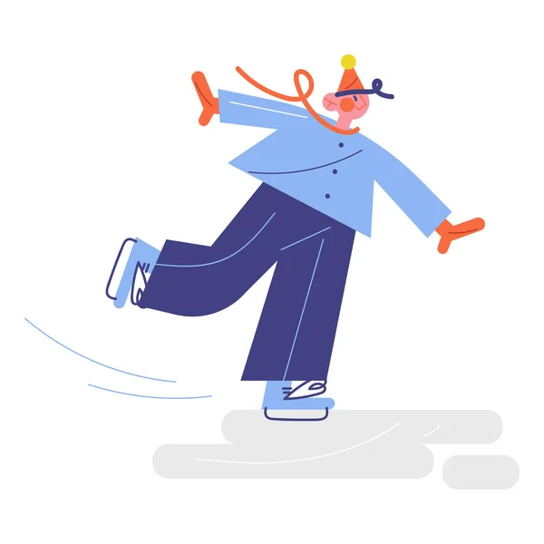Happy boy in warme kleding schaatsen op ijsbaan buiten in de winter — Stockvector