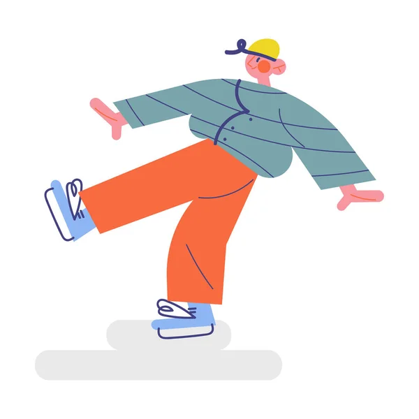 Joven niño sonriente con ropa de abrigo y sombrero patinando en la pista al aire libre — Vector de stock