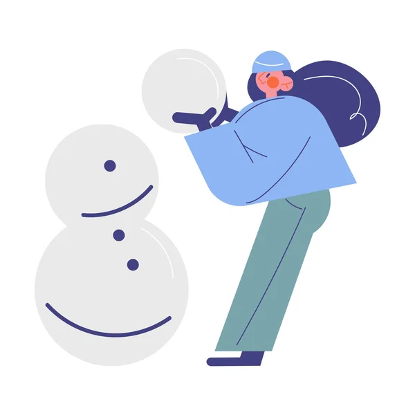 Šťastná dívka v teplém oblečení, aby sněhulák venku v zimě — Stockový vektor