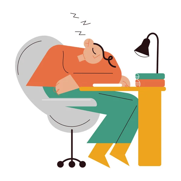 Sleeping man sitting at desk and napping near heap of books in office — Stock Vector