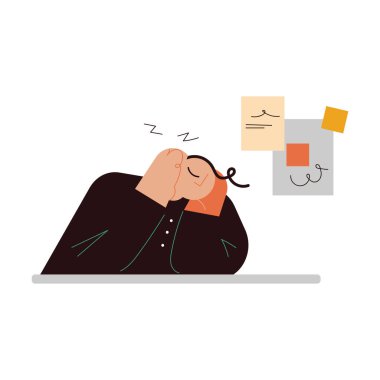 Uyuyan adam ofiste oturuyor ve gündüzleri kestiriyor.