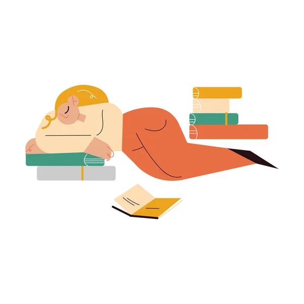 Jovem mulher sonolenta deitada no chão com montes de livros e cochilando —  Vetores de Stock
