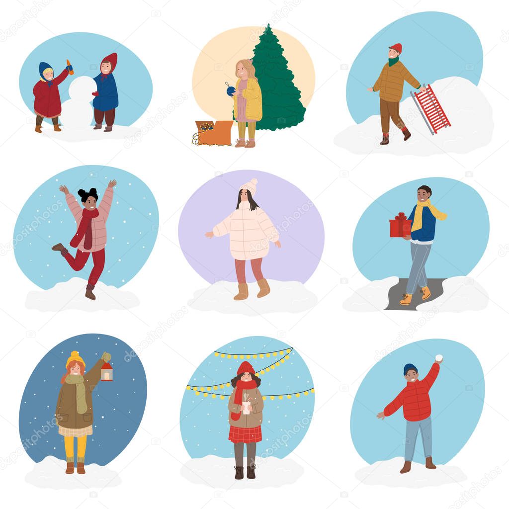 Happy children wearing comfortable cozy warm winter clothes playing outdoors