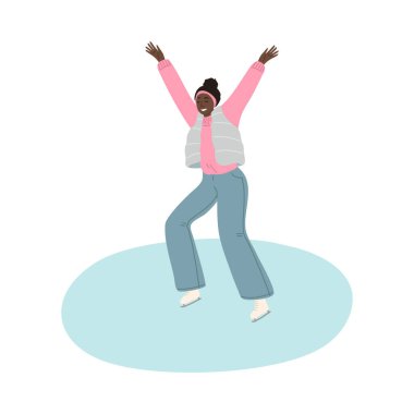 Siyah kız, kalın elbiseli, kış parkında buz pateni yapıyor.