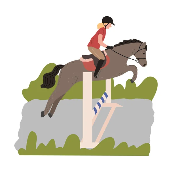 Девушка в шлеме сидит на серой лошади и прыгает через препятствия — стоковый вектор