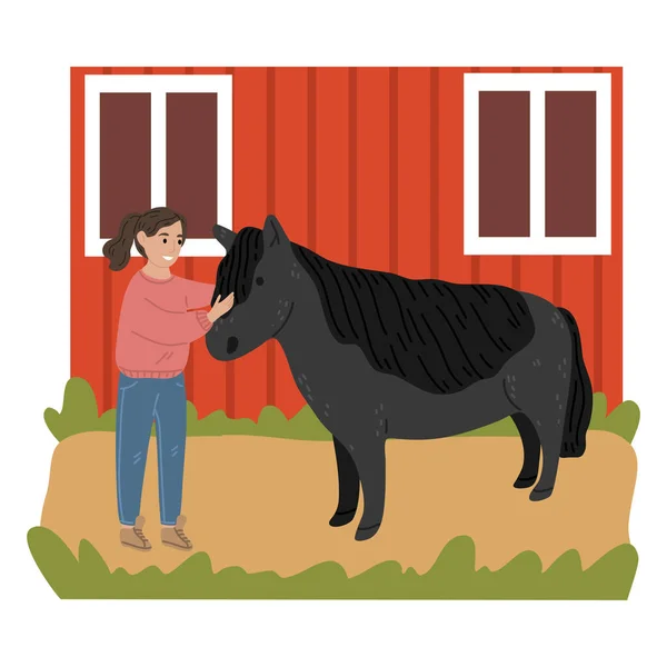 Счастливая маленькая девочка стоит и гладит черного пони на ферме — стоковый вектор