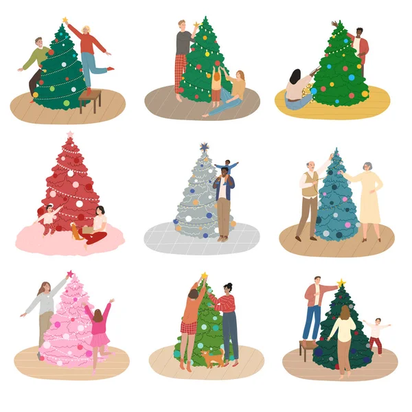 Gente feliz y familias de diferentes razas decorando el árbol de Navidad en casa — Archivo Imágenes Vectoriales