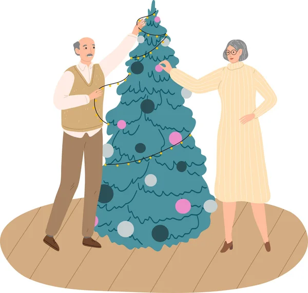 Glad eldelry senior par dekorera julgran med leksaker och krans — Stock vektor