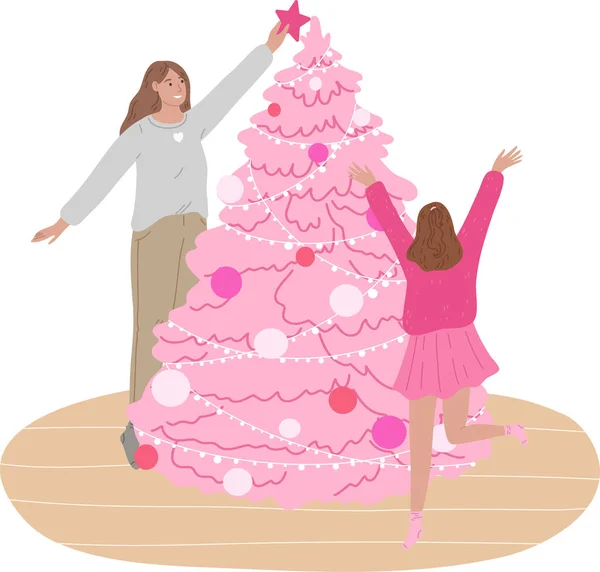 Glad leende mor och liten dotter dekorera julgran — Stock vektor
