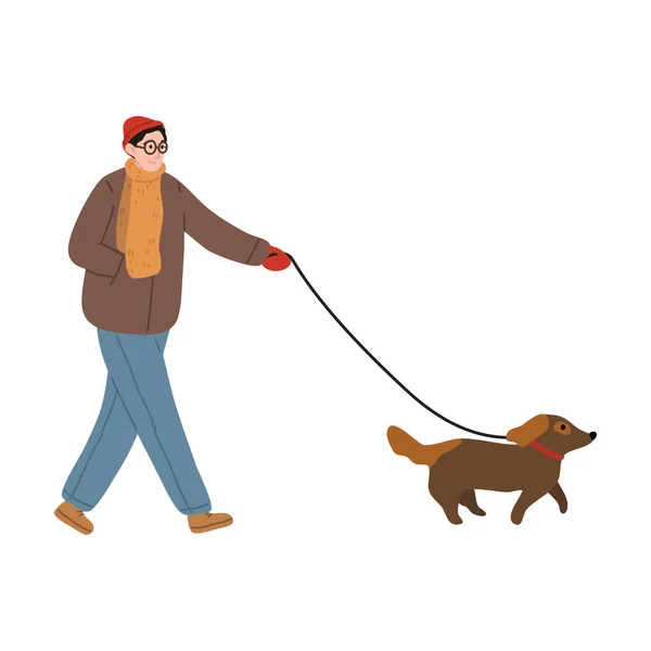 Happy young boy in warm clothing walking his dog in winter park — Stock Vector