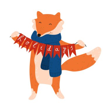 Noel 'de tilki konforlu mavi eşarplı tabelasını tutuyor.