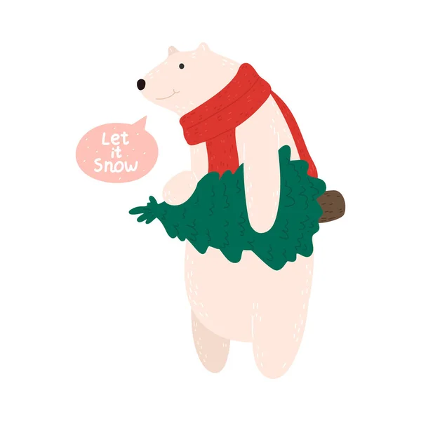 Šťastný bílý lední medvěd ve Vánocích pohodlný útulný červený šátek nesoucí vánoční stromek — Stockový vektor