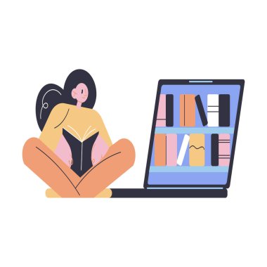 Genç bir kadın e-kütüphanede oturup kitap okuyor.