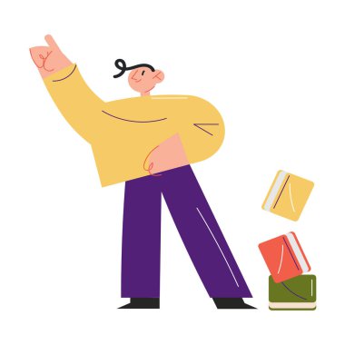 Bir yığın kitapla Litvanya 'da duran mutlu genç bir çocuk.