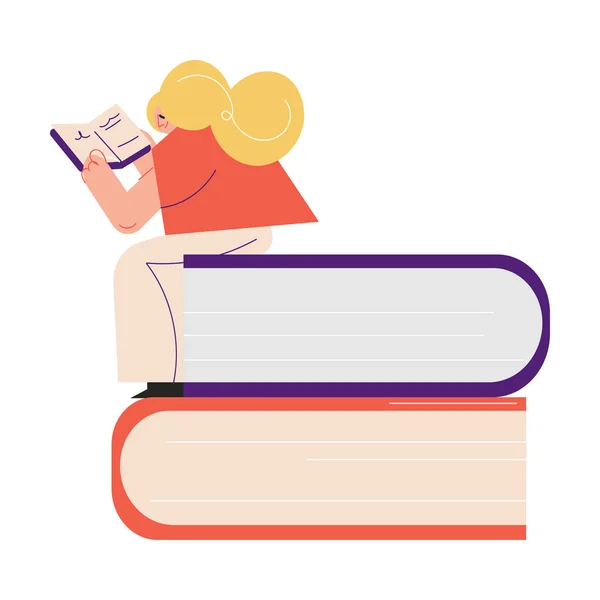 책 더미에 앉아 도서관에서 책을 읽고 있는 행복 한 젊은 여성 — 스톡 벡터